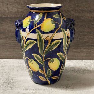 Antique Italy Cantagalli Cobalt Blue Yellow Fruit Polychrome Majolica Vase 8.25"